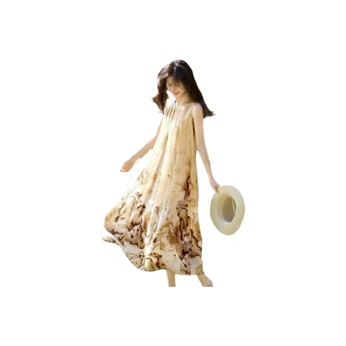 XWI Без рукавов Платье Женское Абрикосовый с принтом