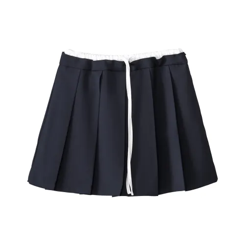 Fstudio A Line Шнур Цветовой блок Плиссированный Повседневная Короткая Юбка Женская Темно-синий