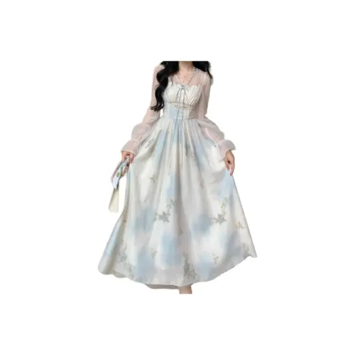 BDGU Длинное платье с длинными рукавами женское синее