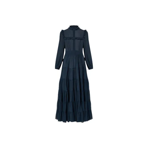 LOUIS VUITTON Платье с рюшами и отделкой Maxi Dress с длинными рукавами Женское Темно-синий