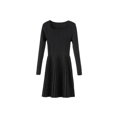 Fstudio French С утяжкой на талии Элегантность Плиссированный Трикотажная ткань Платье Женские Черный