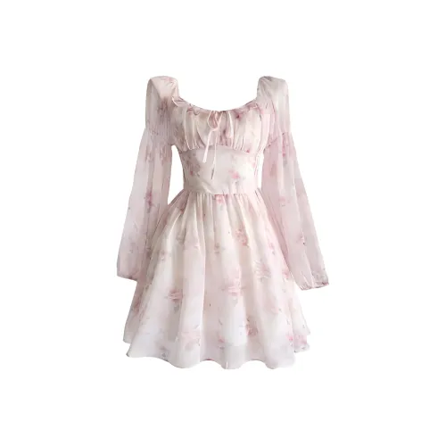 MO VOICE Длинный рукав Платье Женское Масляная живопись Пудра