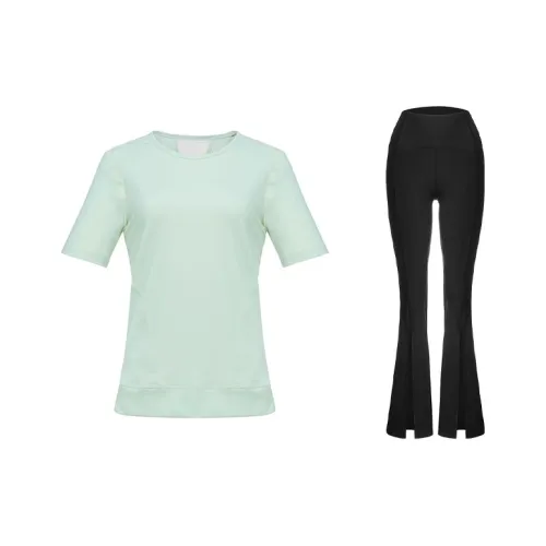Sumday Athletics Набор Светло-зеленая футболка с коротким рукавом + черные брюки Женские фитнес-комплекты