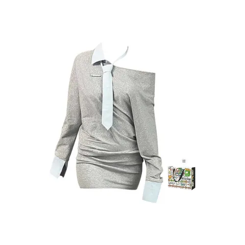 OURUOKE Длинное платье с длинными рукавами женское светло-серое