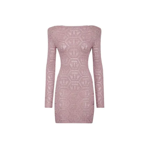 PHILIPP PLEIN Люрекс KNIT Мини Платье Монограмма Длинный Рукав Платье Женское Розовое