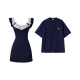 Кружевная юбка + темно-синее платье с коротким рукавом