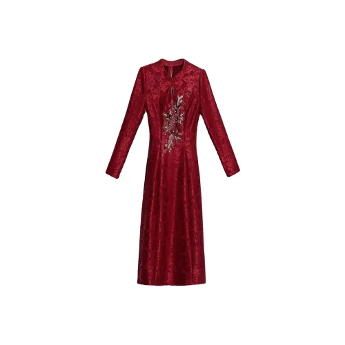 Mapping Длинное платье с длинными рукавами женское красное