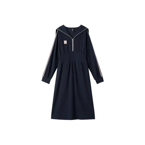 OUNIXUE Длинное платье с длинным рукавом женское темно-синий