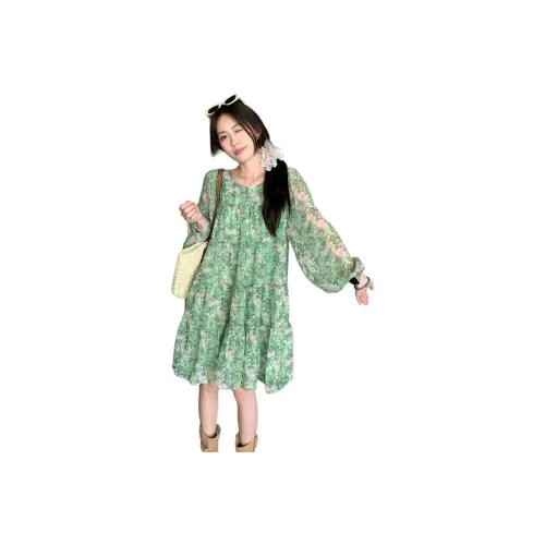 PLANE DRIFT Длинное платье с длинными рукавами женское с изображением руки Будды зеленый