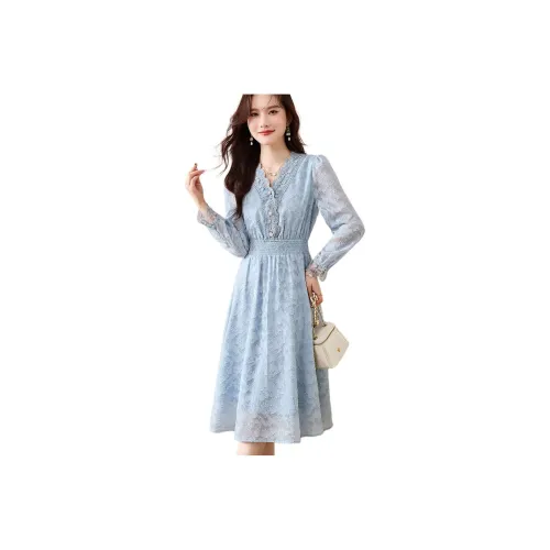 Like The Age Of Water Длинное Платье с Длинными Рукавами Женское Синее