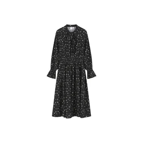 GAP Женское платье с длинным рукавом, черный цветок