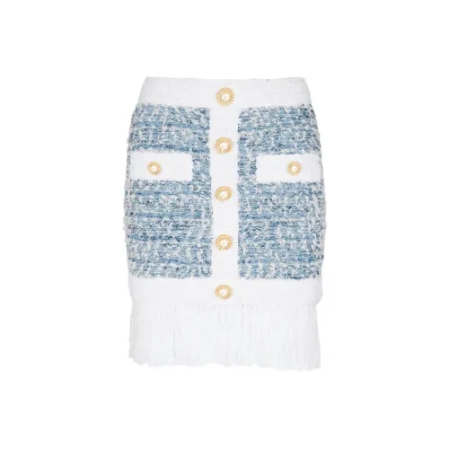 BALMAIN Юбка из денима с кисточками твид повседневная короткая женская синяя