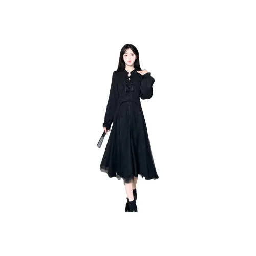 PAVEA Длинное платье с длинными рукавами женское черное