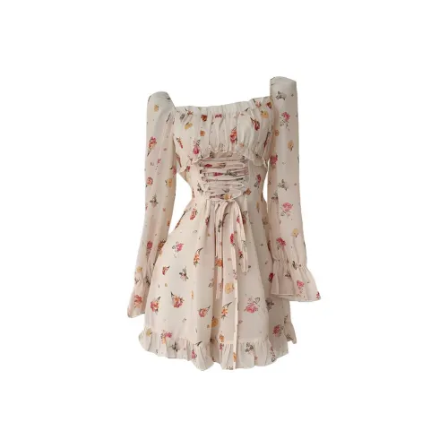 KKX Длинное платье с длинными рукавами женское желтый цветочный узор