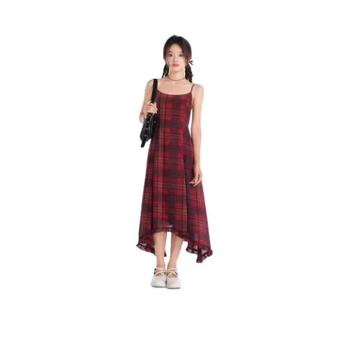 CO SHENG Slip Платье Женское Красное Клетка
