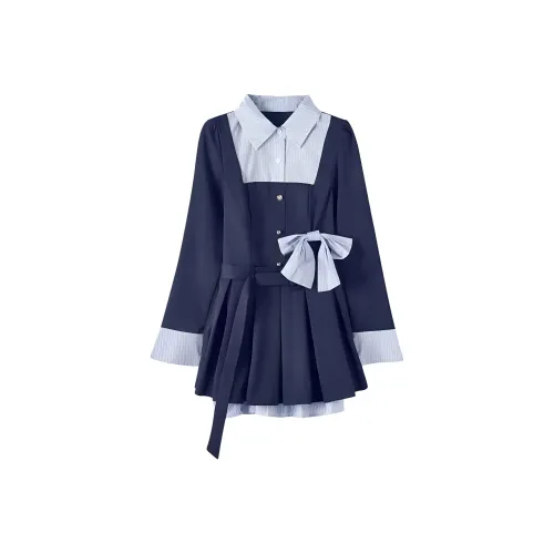 XIAOJUCHUANLI Длинное платье с длинными рукавами женское темно-синий