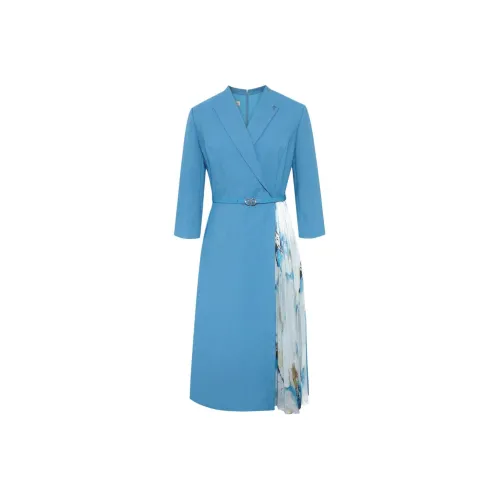 BBLLUUEE Длинный рукав Платье Женское Отражающий Морской синий