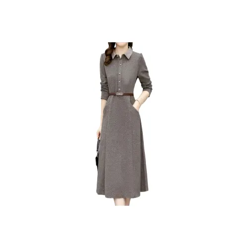 Mapping Длинное платье с длинными рукавами женское серого цвета