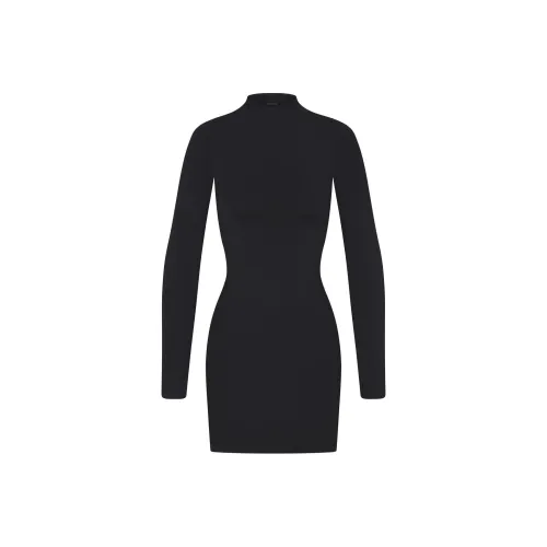 SKIMS Мягкий Сглаживающий Бесшовный Водолазка Мини Платье Длинное Платье с Длинными Рукавами Женское Оникс Оникс