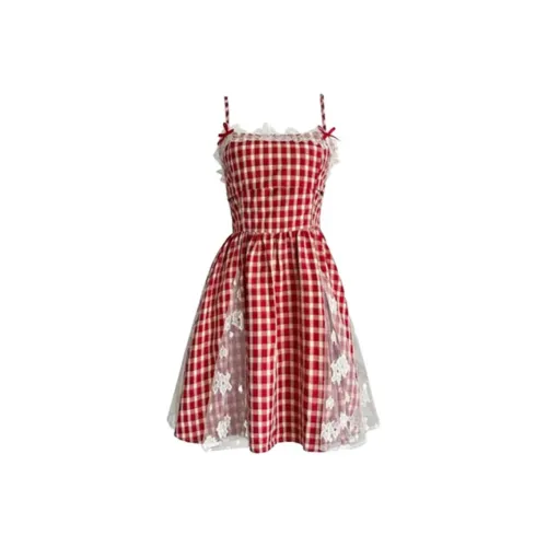 MO VOICE Slip Платье Женские Клубничный красный Клетчатый
