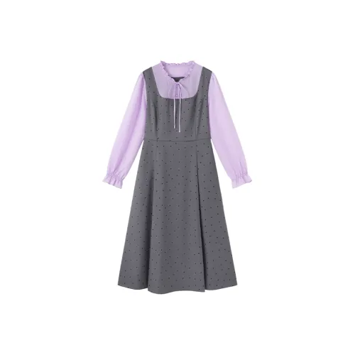 SHIRAN Длинное платье с длинными рукавами женское серый в горошек