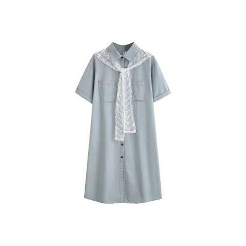 LSVE Короткий рукав Платье Женское Синее