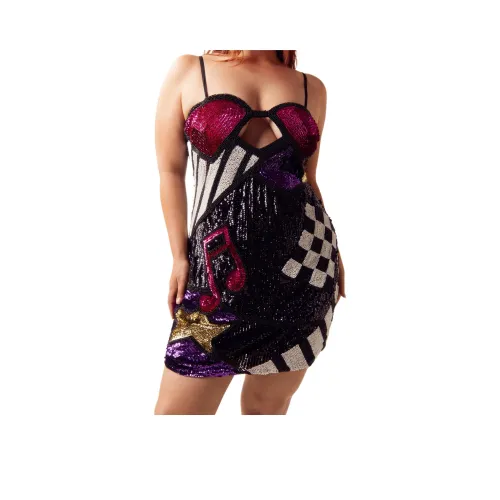 NASTY GAL Большой размер Абстрактный Музыкальный Украшенный Сияние Мини Платье Slip Платье Женские Черный