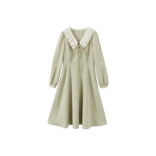 XIANGYING Длинный рукав Платье Женское Matcha Green