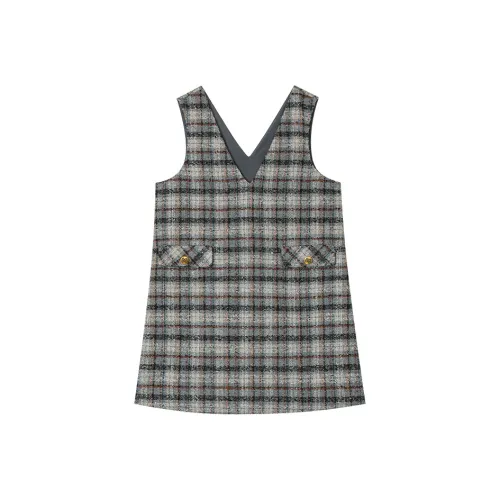 ELF SACK Без рукавов Платье Женское Клетка Желтый Серый