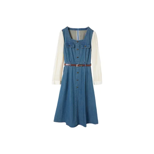 XIANGYING Длинное платье с длинными рукавами женское джинсовый синий