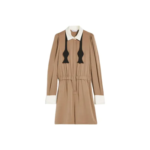 MaxMara Boris Коллекция Короткий Комбинезон из Шелка Charmeuse с Длинными Рукавами Платье Женское Хаки