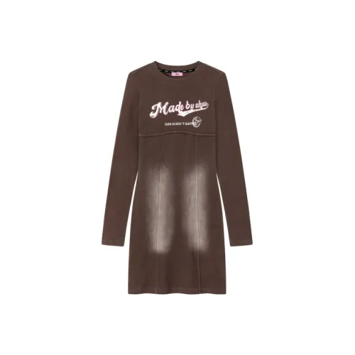 CHUU Темный кофейный Женские Длинные Платья с рукавами