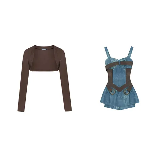 DREAM SEVEN 77 Комплект с юбкой Женские Кофейный топ + Синяя джинсовая юбка