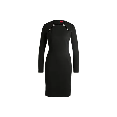 HUGO BOSS Черное Женское Длинное Платье с Длинным Рукавом