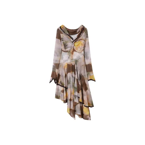 Ouyang Длинный рукав Платье Женское Мягкий Персиковый