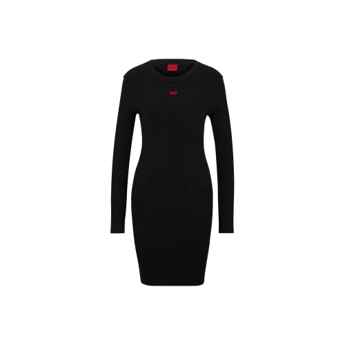 HUGO BOSS Черное Женское Длинное Платье с Длинным Рукавом