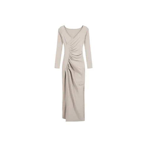 HeartyBite Длинное платье с длинными рукавами женское светло-хаки