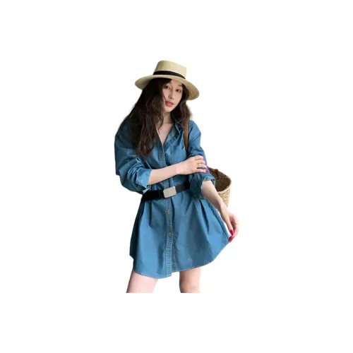 NANING9 Длинное платье с длинным рукавом женское синее