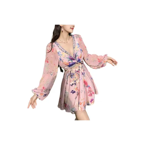 Wbwq Длинное платье с длинными рукавами женское розовое с цветочным принтом