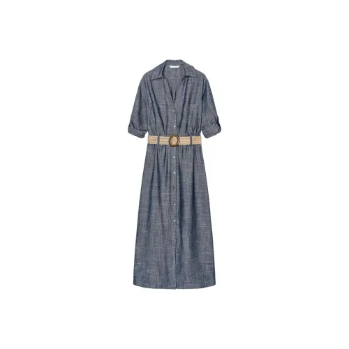 ZARA Длинное платье с длинными рукавами женское индиго