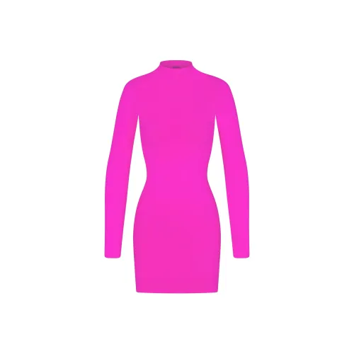 SKIMS Мягкий Сглаживающий Бесшовный Водолазка Мини Платье Длинное Платье с Длинными Рукавами Женское Фуксия Фуксия