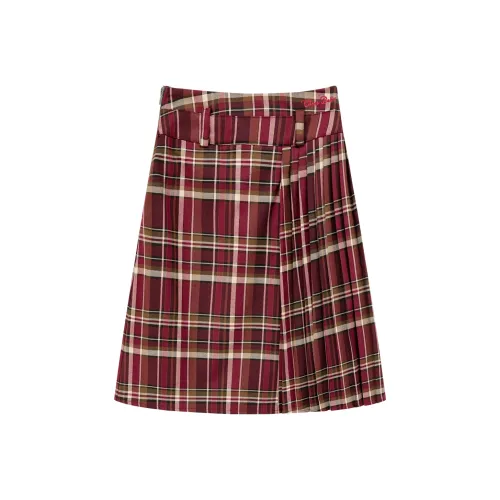 CHUU Красная клетка Женские Повседневные длинные юбки