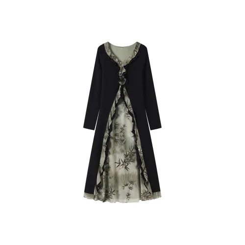 GULIANFEI Длинное платье с длинными рукавами женское черное