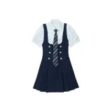 Комплект (Синяя рубашка с коротким рукавом + синяя юбка с подтяжками + синий галстук)