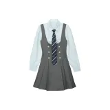 Синяя рубашка с длинным рукавом + серая юбка на подтяжках + синий галстук