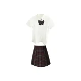 Белая футболка с утяжкой на талии + юбка в клетку + галстуки-бабочки