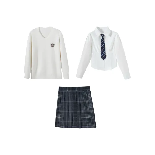 KAZAN FIVE Набор из 5 предметов: Длинный рукав, V-образный вырез, трикотажная рубашка с длинным рукавом, рубашка с утяжкой на талии, полосатая юбка в клетку, галстук в клетку, значок, женская униформа