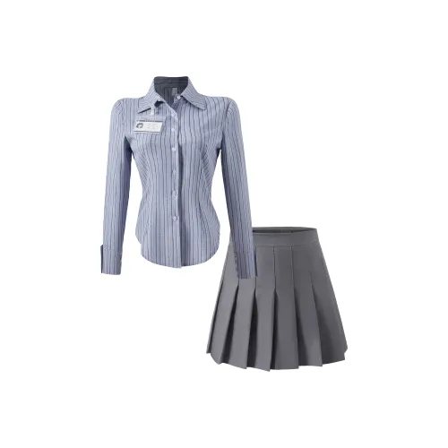 KAZAN Набор Светло-синий Длинный рукав Полосатая рубашка + Плиссированная юбка + Значок Женская униформа