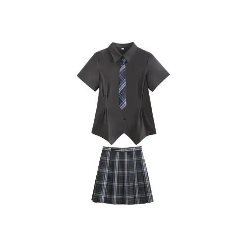 SHENBEI JK Серый с утяжкой на талии короткий рукав Топ + темно-ночная юбка + галстук Женская униформа