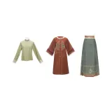 (Воротник-стойка короткий зеленый + круглый вырез кардиган красный + китайская юбка с узором "конское лицо" зеленая)